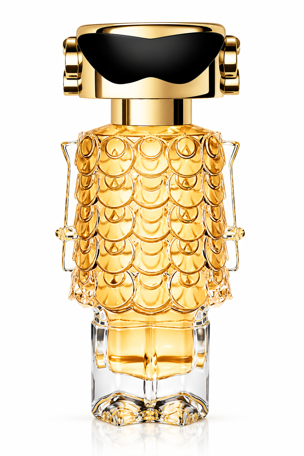 Rabanne Fame perfume bottle in its iconic gold robot-inspired design with black visor and sculpted metallic detailing, photographed front-facing on a clean white background.