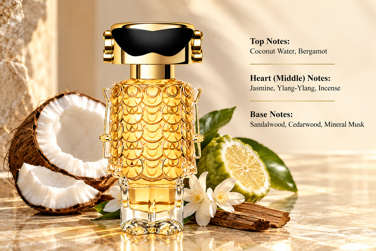 Rabanne Fame perfume displayed in a warm, elegant composition with coconut, bergamot, jasmine and sandalwood elements, highlighting its tropical floral and woody fragrance profile.