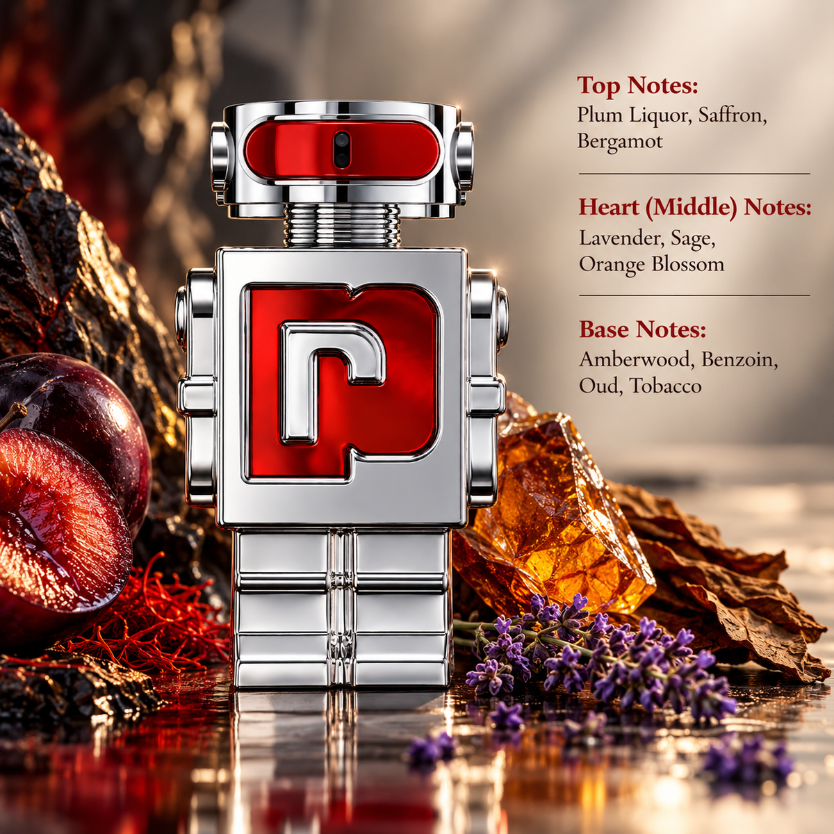 Rabanne Phantom Elixir presented in a rich, intense and masculine composition inspired by its warm woody and ambery scent profile, surrounded by dark juicy plum, saffron, aromatic lavender and tobacco leaves with glowing amber-like accents. The dramatic warm lighting and deep red-brown tones complement the bottle’s metallic silver and red design, creating a bold, luxurious atmosphere.