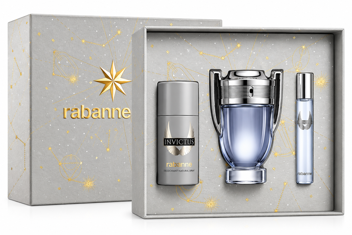 Rabanne Invictus gift set featuring the iconic trophy-shaped Invictus Eau de Toilette bottle, matching deodorant natural spray and travel-size fragrance, presented in an elegant silver gift box decorated with gold celestial motifs and Rabanne branding.