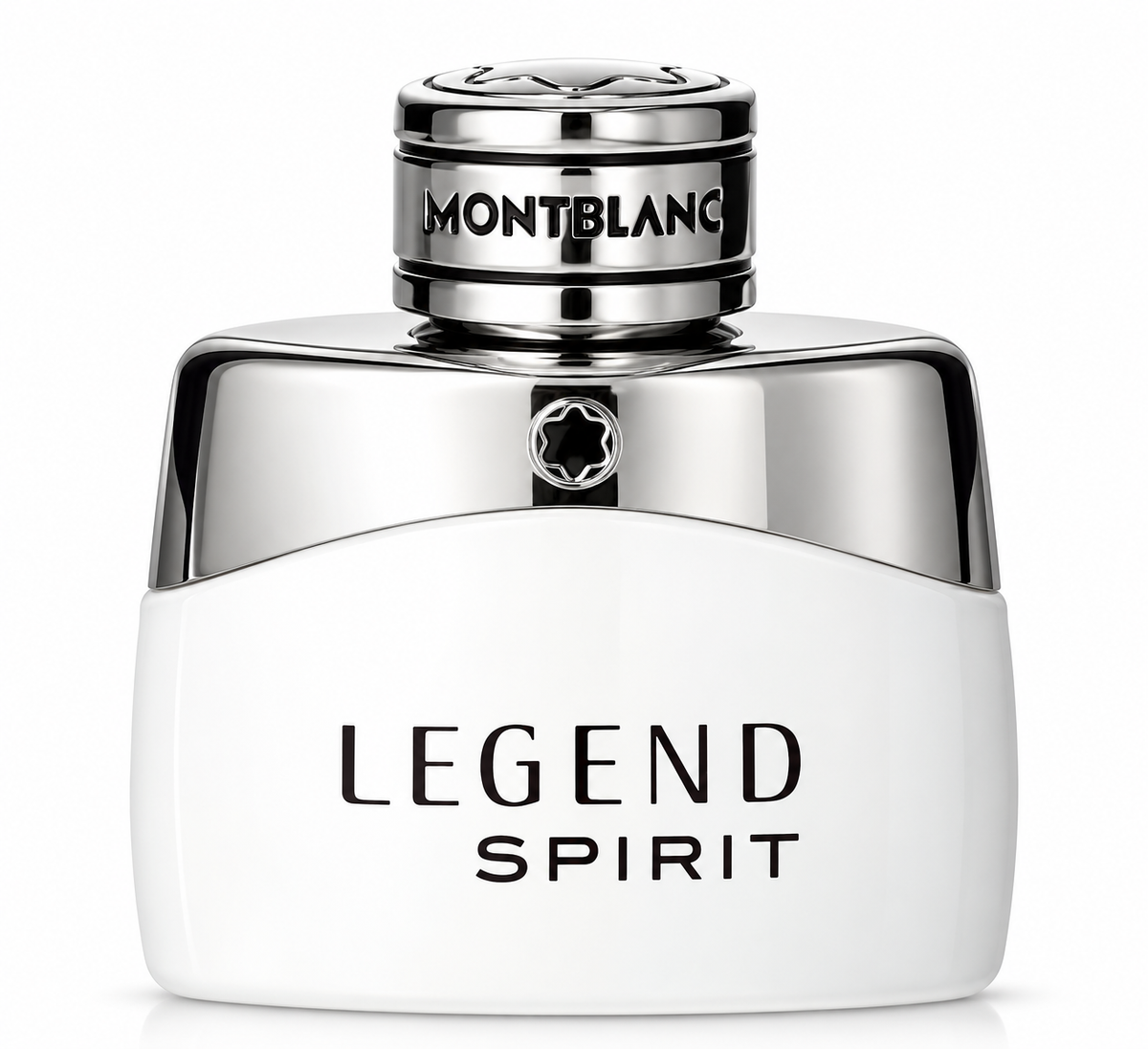 Montblanc Legend Spirit men’s fragrance in its distinctive white bottle with polished silver detailing, Montblanc emblem and branded metallic cap, photographed on a clean white background.