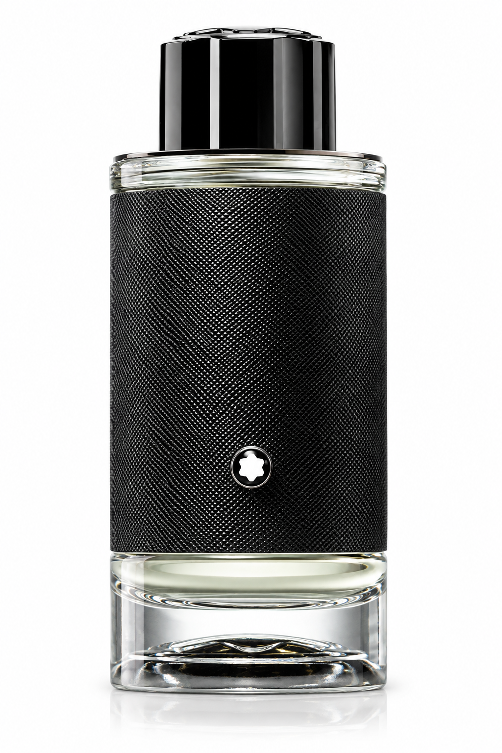 Montblanc Explorer men’s Eau de Parfum in a clear glass bottle wrapped in a textured black sleeve, finished with the iconic Montblanc emblem and glossy black cap on a clean white background.