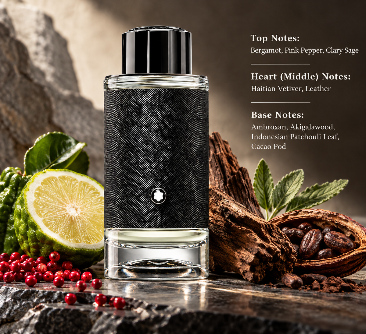 Montblanc Explorer men’s fragrance presented with bergamot, pink pepper, clary sage, vetiver, leather, patchouli and cacao-inspired elements, highlighting its fresh, woody, aromatic and leathery scent profile.