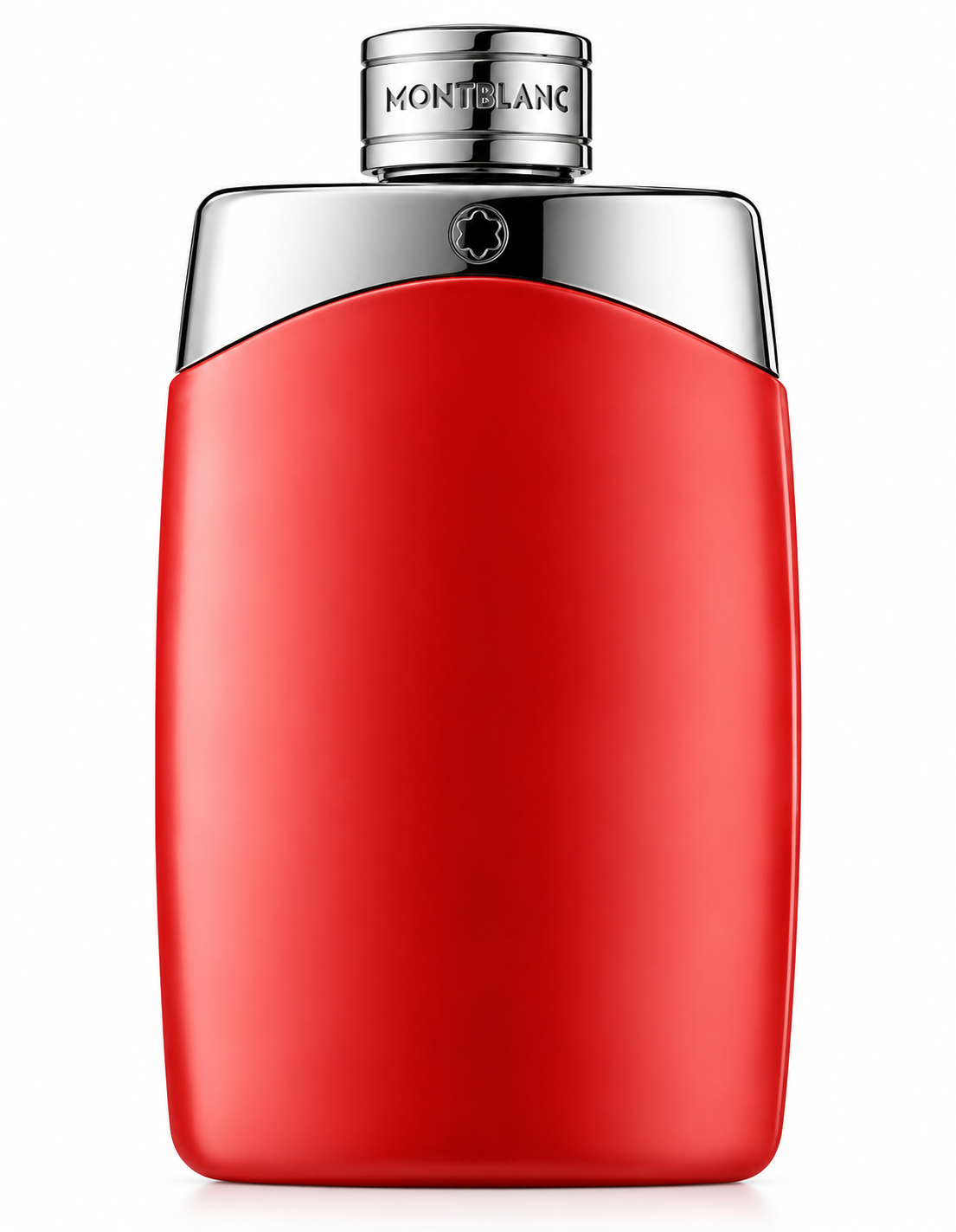 Montblanc Legend Red men’s fragrance in its distinctive matte red bottle with polished silver detailing, Montblanc emblem and branded metallic cap, photographed on a clean white background.