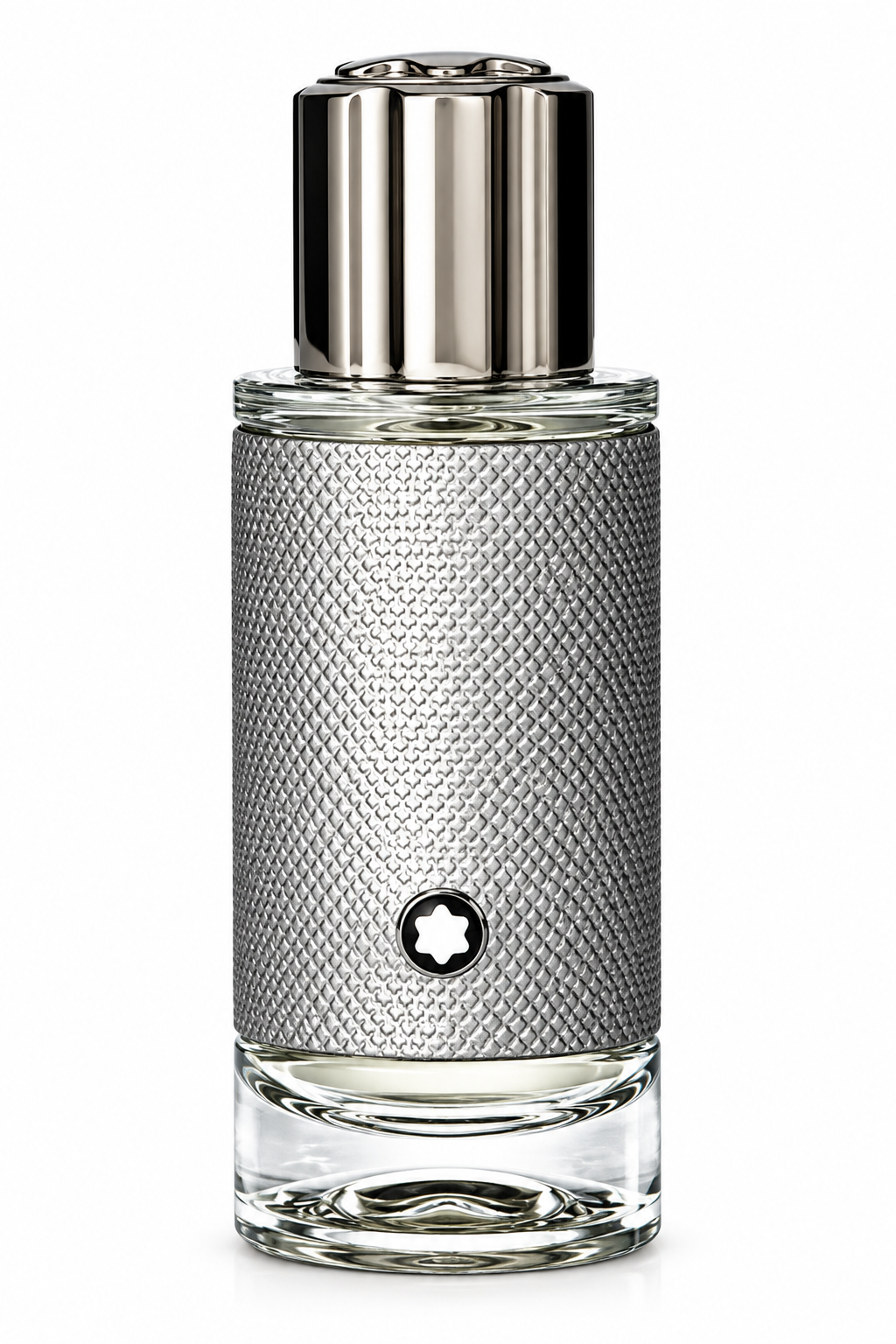 Montblanc Explorer Platinum men’s fragrance in a clear glass bottle wrapped in a textured metallic silver sleeve, featuring the iconic Montblanc emblem and polished silver cap on a clean white background.