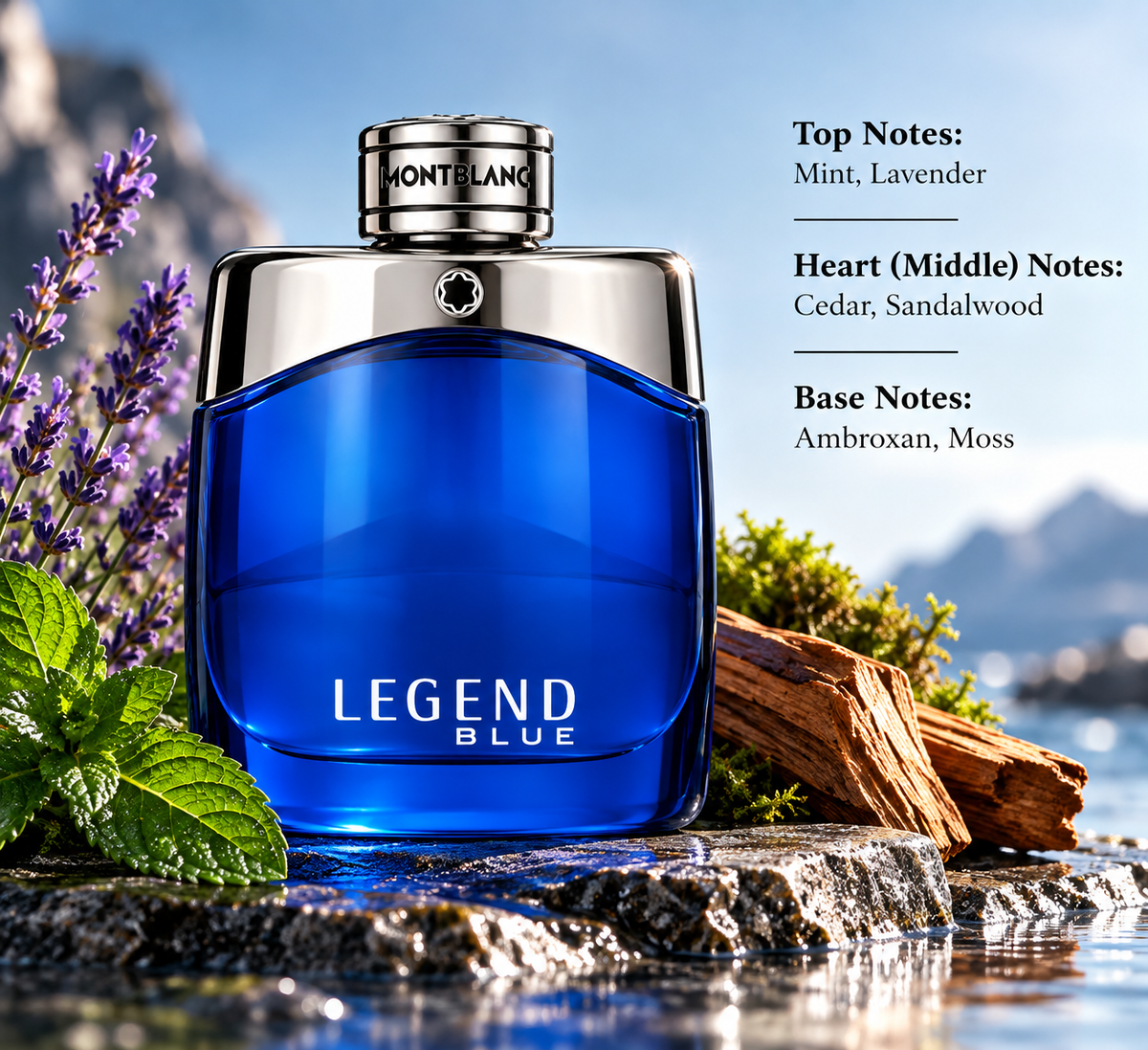 Montblanc Legend Blue men’s fragrance presented with mint, lavender, cedar and moss accents in a fresh outdoor setting, highlighting its aromatic, woody and refreshing masculine scent profile.