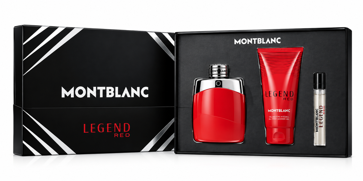 Montblanc Legend Red gift set for men, featuring the vibrant red and silver fragrance bottle, matching Legend Red shower gel and travel-size perfume spray, presented in an elegant black Montblanc gift box.