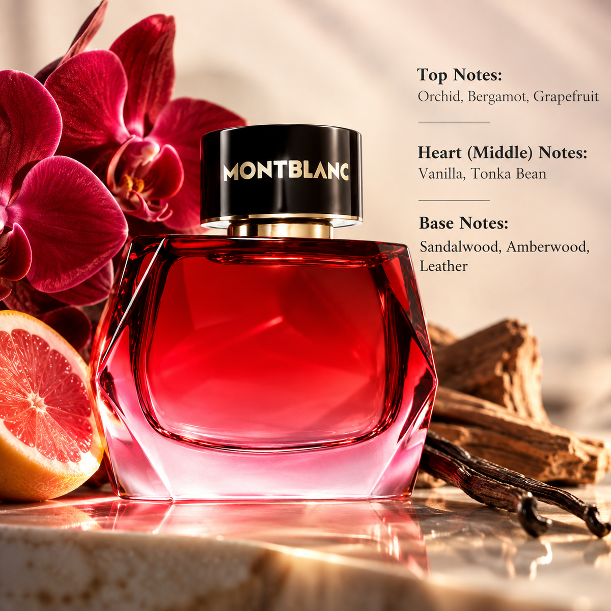 Montblanc Signature Absolue perfume in its red faceted bottle, elegantly styled with red orchid, grapefruit, vanilla, tonka bean and warm woody elements to reflect its rich floral, sweet and woody fragrance profile.