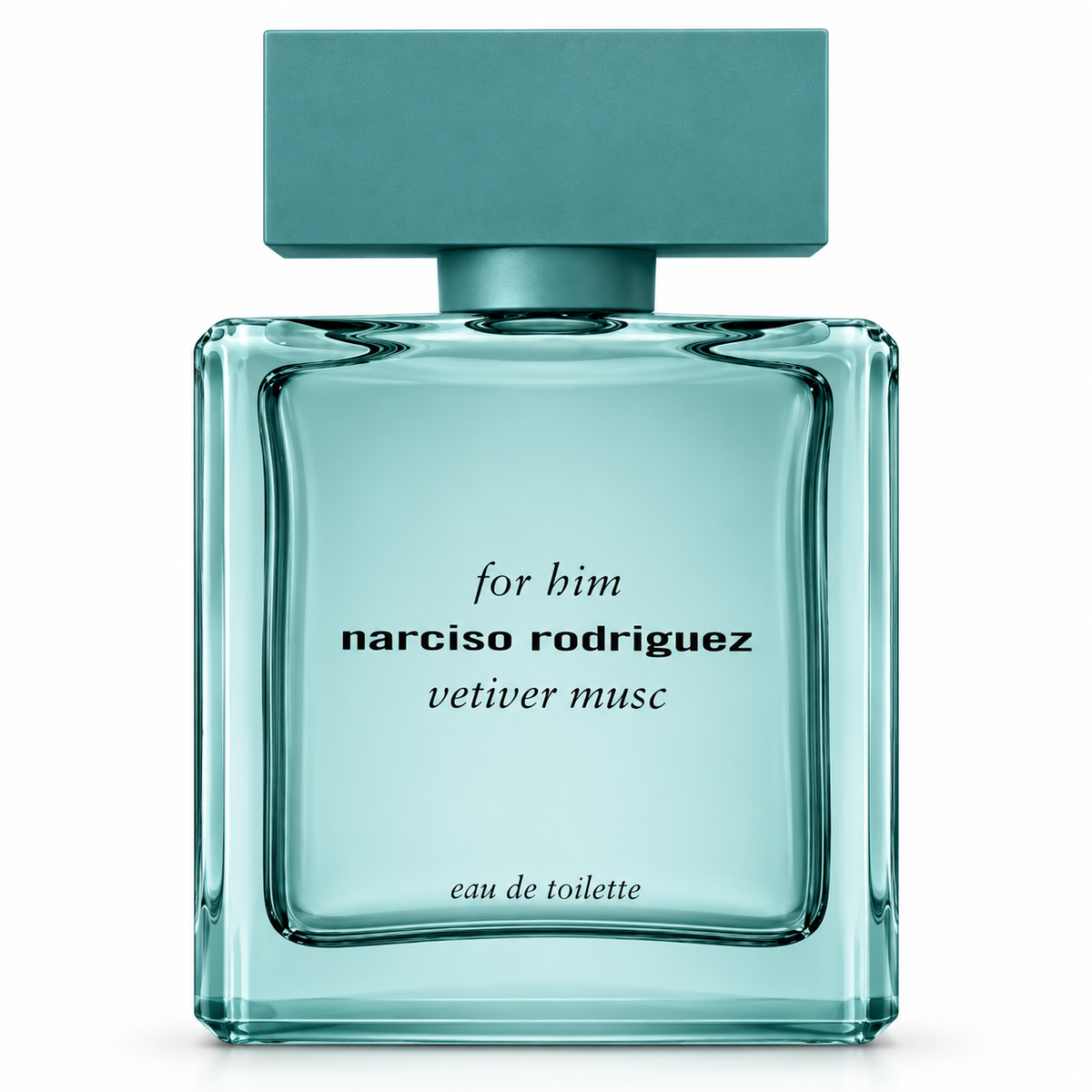 Narciso Rodriguez For Him Vetiver Musc Eau de Toilette in a refined turquoise glass bottle with matching rectangular cap, presented on a clean white background.