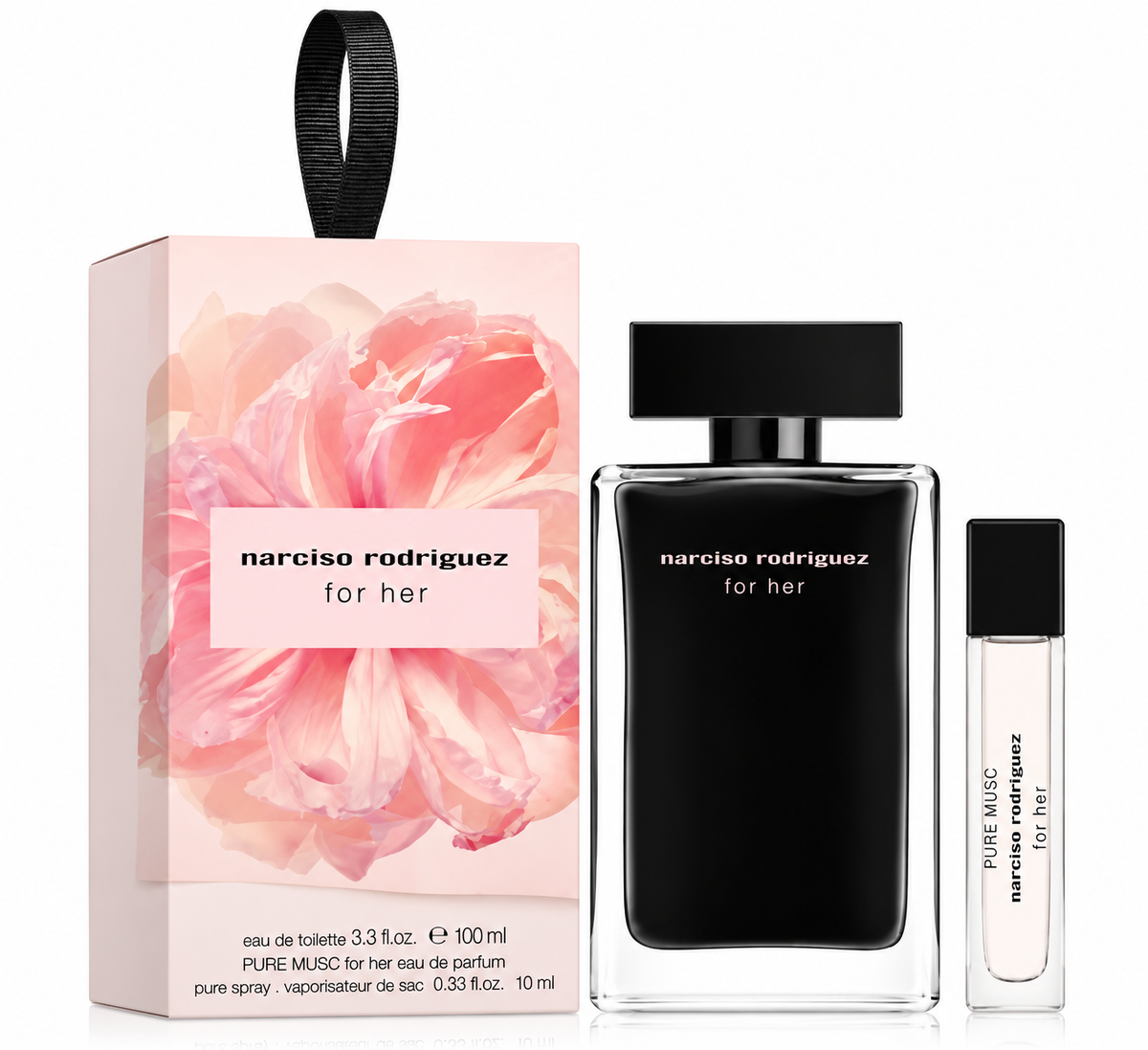 Narciso Rodriguez For Her gift set featuring For Her Eau de Toilette 100ml and Pure Musc For Her Eau de Parfum 10ml travel spray, presented with elegant pink floral gift packaging.