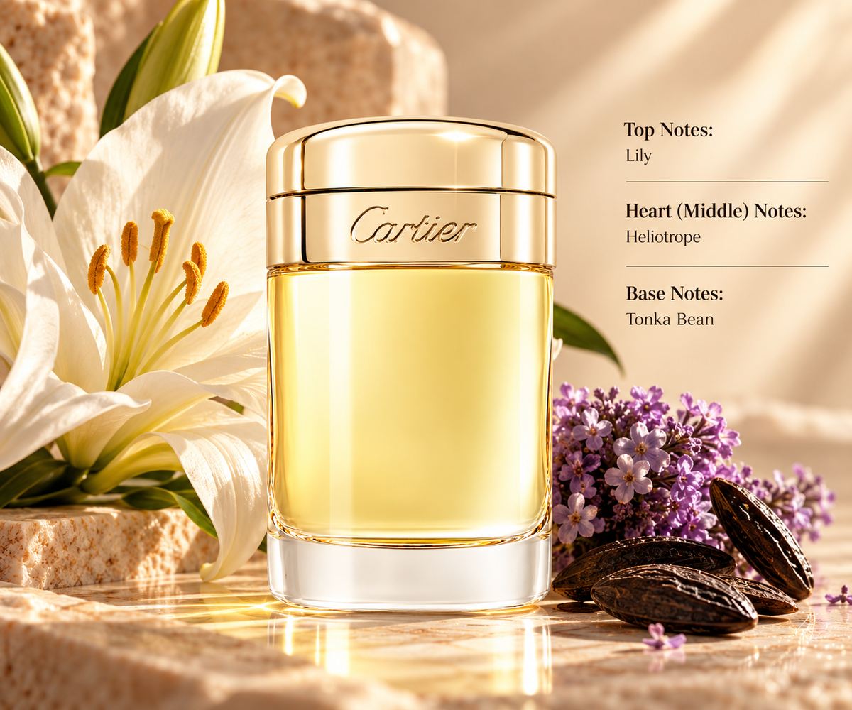 Cartier Baiser Volé perfume displayed in an elegant warm setting with white lily, delicate heliotrope flowers and tonka beans, reflecting its sophisticated floral and softly powdery fragrance profile.