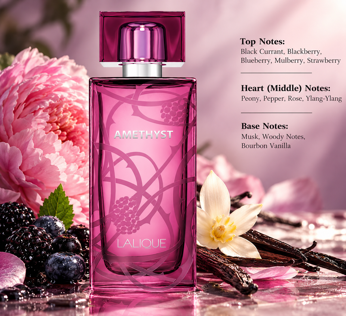 Lalique Amethyst perfume in an elegant pink floral setting with dark berries, peony and vanilla accents, reflecting its fruity, floral, musky and softly woody fragrance character.