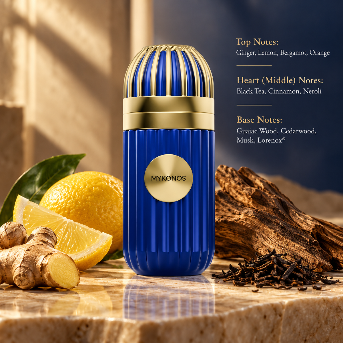 Mykonos Inception 100ml Eau de Parfum in a striking royal blue ribbed bottle with elegant gold detailing, surrounded by fresh lemon, ginger, black tea and rich cedarwood. Warm golden lighting highlights this sophisticated citrus woody fragrance with notes of bergamot, cinnamon, neroli and musk.