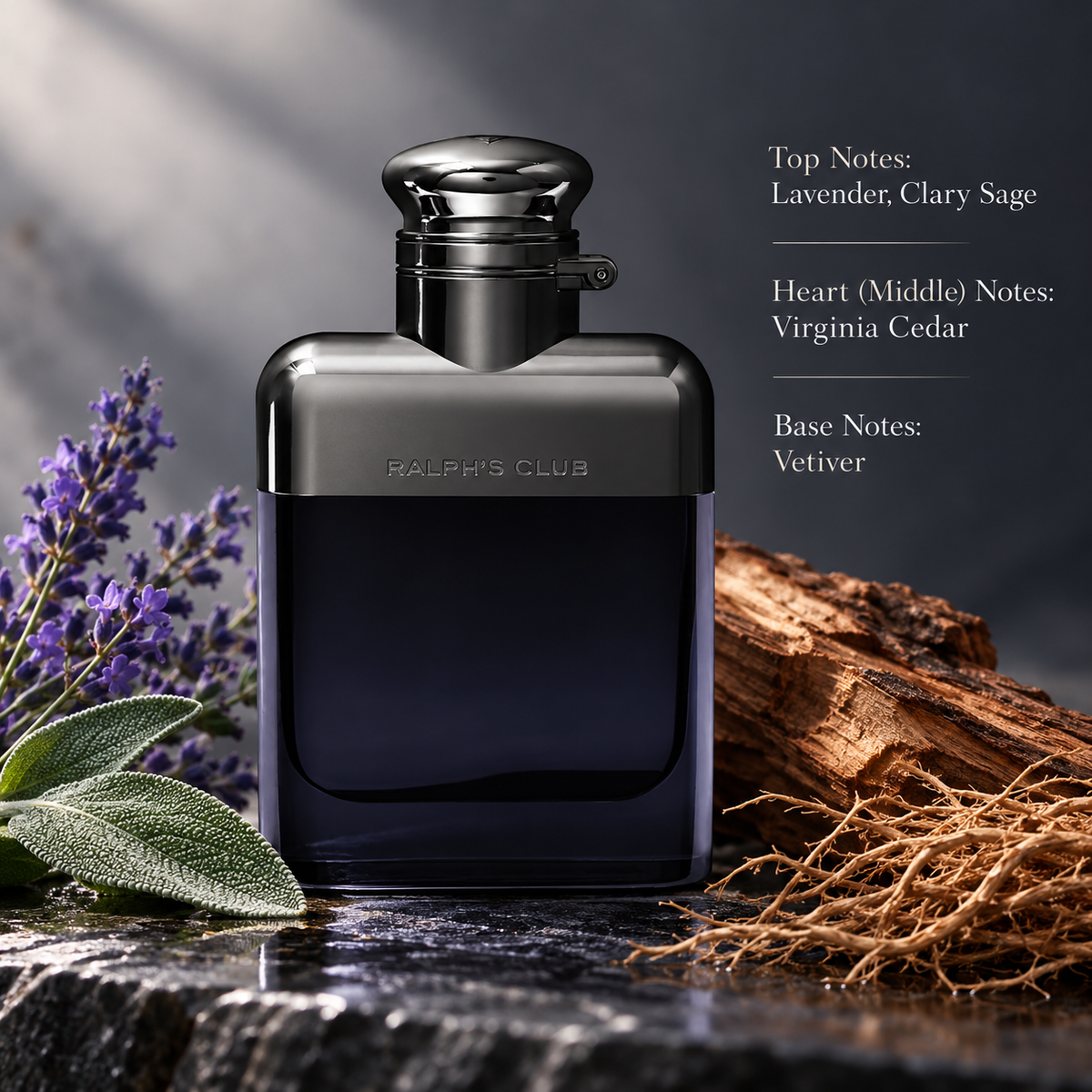 Ralph Lauren Ralph's Club men's perfume in an elegant dark navy blue bottle with a metallic silver cap, surrounded by fresh lavender, clary sage leaves, Virginia cedarwood and vetiver roots. A sophisticated aromatic woody fragrance presented on dark stone with soft, dramatic lighting and a luxurious masculine atmosphere.