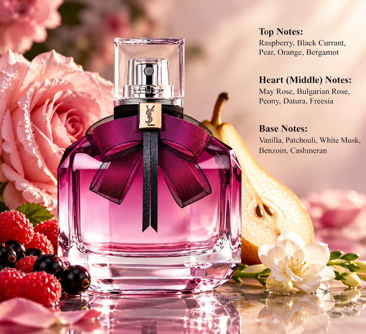 Yves Saint Laurent Mon Paris Eau de Parfum in an elegant pink glass bottle with a black fuchsia bow and gold YSL logo, surrounded by pink roses, raspberries, black currants, pear and white flowers. A luxurious fruity floral fragrance with rose, peony, vanilla, patchouli and white musk.