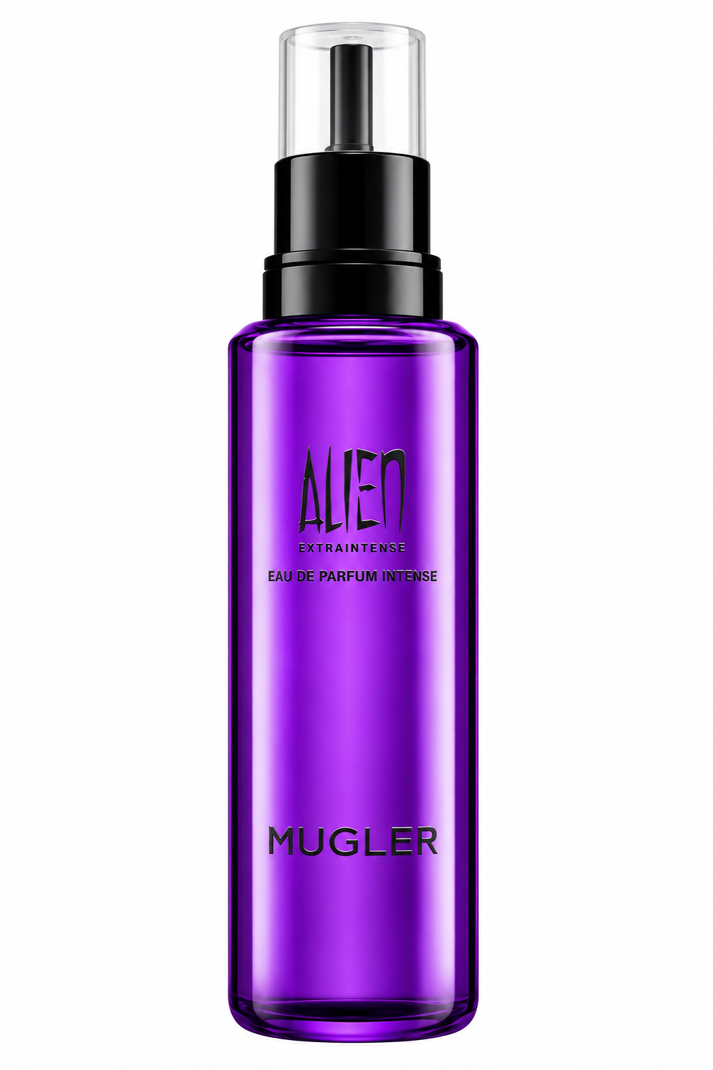 Mugler Alien Extraintense Eau de Parfum Intense presented in a sleek, elongated purple refill bottle with a black spray pump and transparent protective cap, featuring the iconic Alien and Mugler branding against a clean white background.