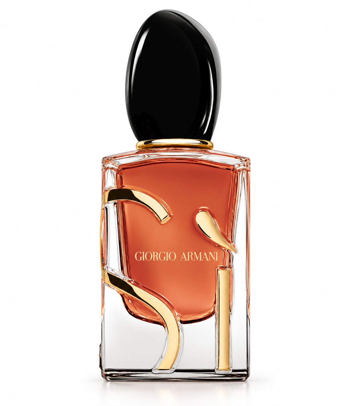 Giorgio Armani Sì perfume bottle with warm amber-toned fragrance, elegant transparent glass, sculptural black cap and gold Sì detailing, photographed on a clean white background.