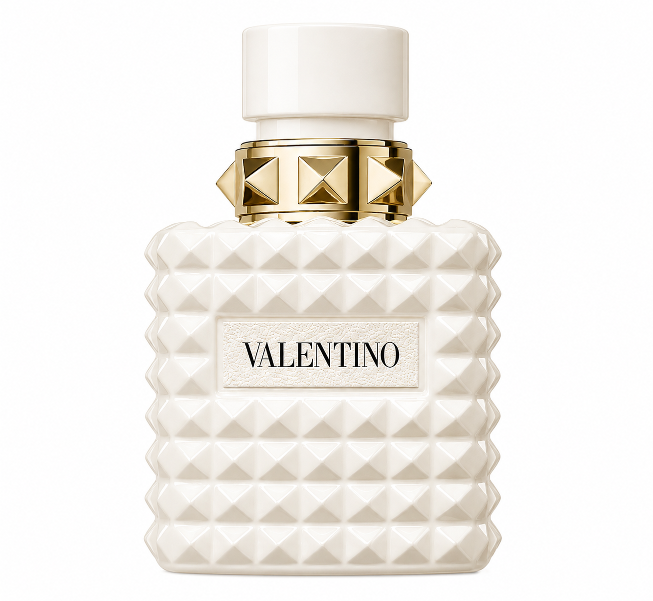 Valentino Born in Roma Ivory Eau de Parfum in an elegant ivory-white Rockstud bottle, accented with polished gold hardware and a clean Valentino signature label.
