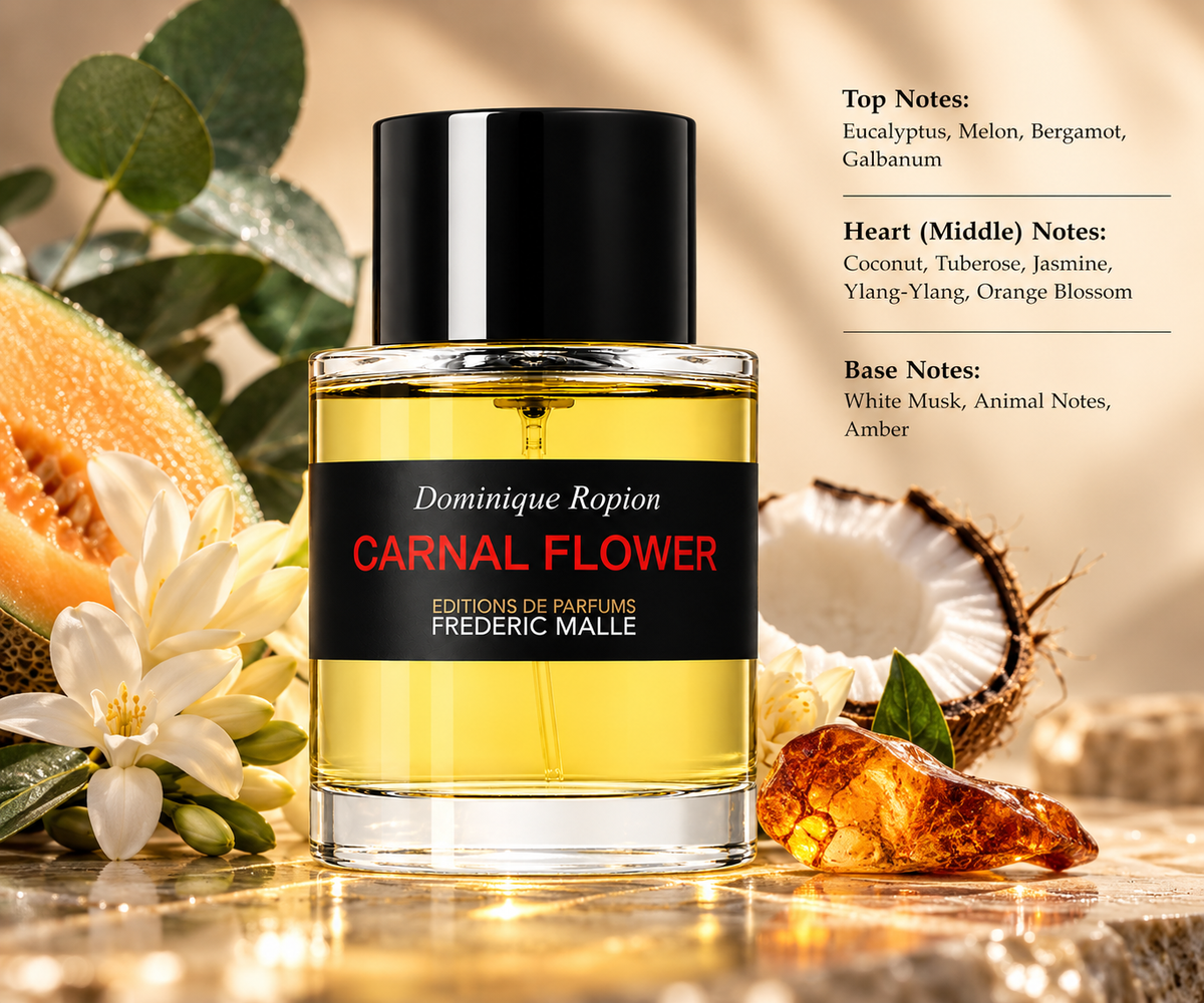 Frédéric Malle Carnal Flower luxury unisex perfume by Dominique Ropion, presented in an elegant glass bottle with golden liquid and a black label, surrounded by melon, eucalyptus, white flowers, coconut and amber. A sophisticated floral fragrance with tuberose, jasmine and white musk.
