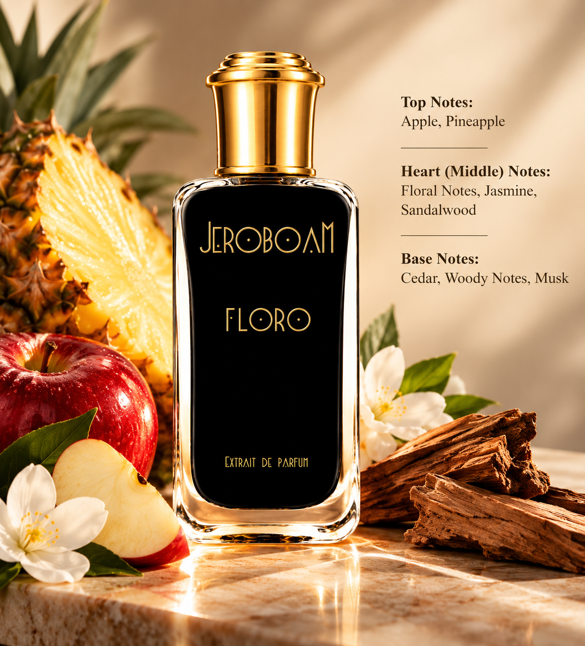 Jeroboam Floro Extrait de Parfum in an elegant black and gold bottle, displayed on warm marble alongside fresh pineapple, red apple, jasmine flowers and sandalwood. A luxurious fruity floral woody niche fragrance featuring apple, pineapple, jasmine, cedar and musk.