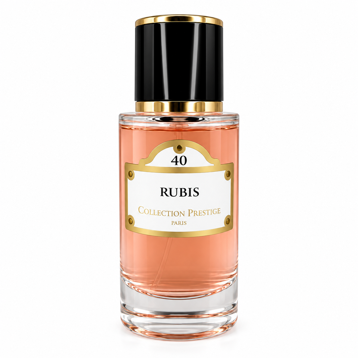 Collection Prestige Rubis No.40 50ml Extrait de Parfum presented in an elegant cylindrical glass bottle with soft coral-pink fragrance, glossy black cap, polished gold detailing and a refined white-and-gold label, photographed against a pure white background.
