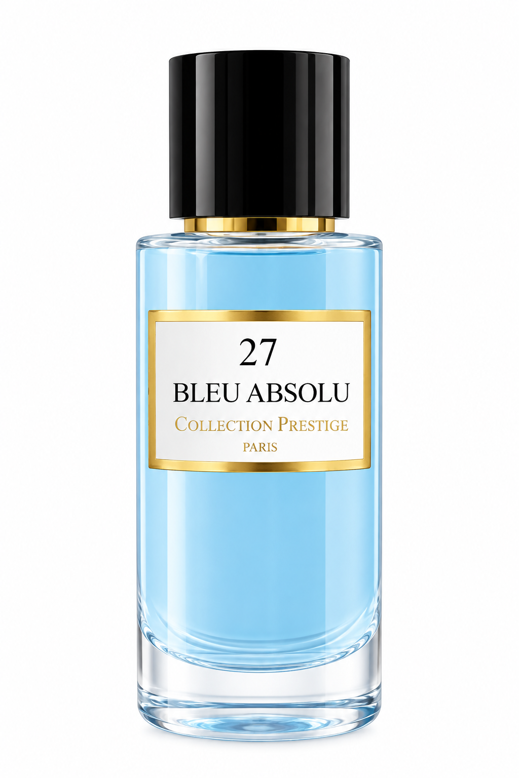 Collection Prestige Bleu Absolu No.27 50ml Extrait de Parfum presented in a sleek clear glass bottle with vibrant blue fragrance, glossy black cap, refined gold accents and an elegant white-and-gold label, photographed against a pure white background.