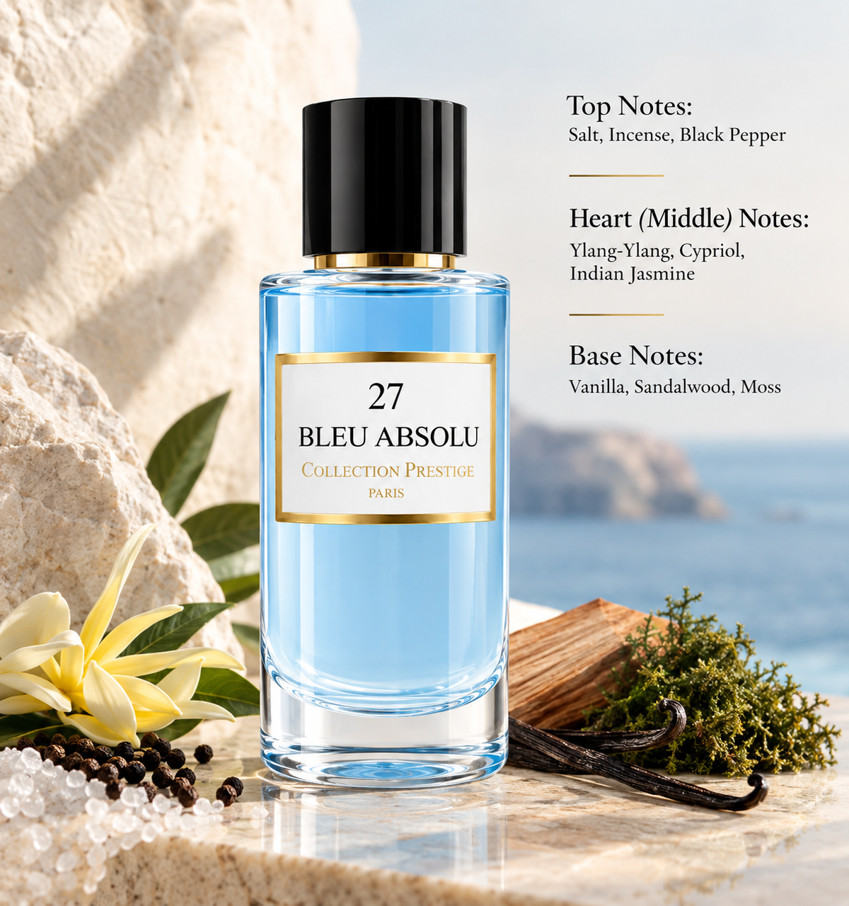 Collection Prestige Bleu Absolu No.27 50ml displayed in a fresh marine, spicy and woody composition with salt, incense, black pepper, ylang-ylang, cypriol, Indian jasmine, vanilla, sandalwood and moss, reflecting its sophisticated aquatic character.