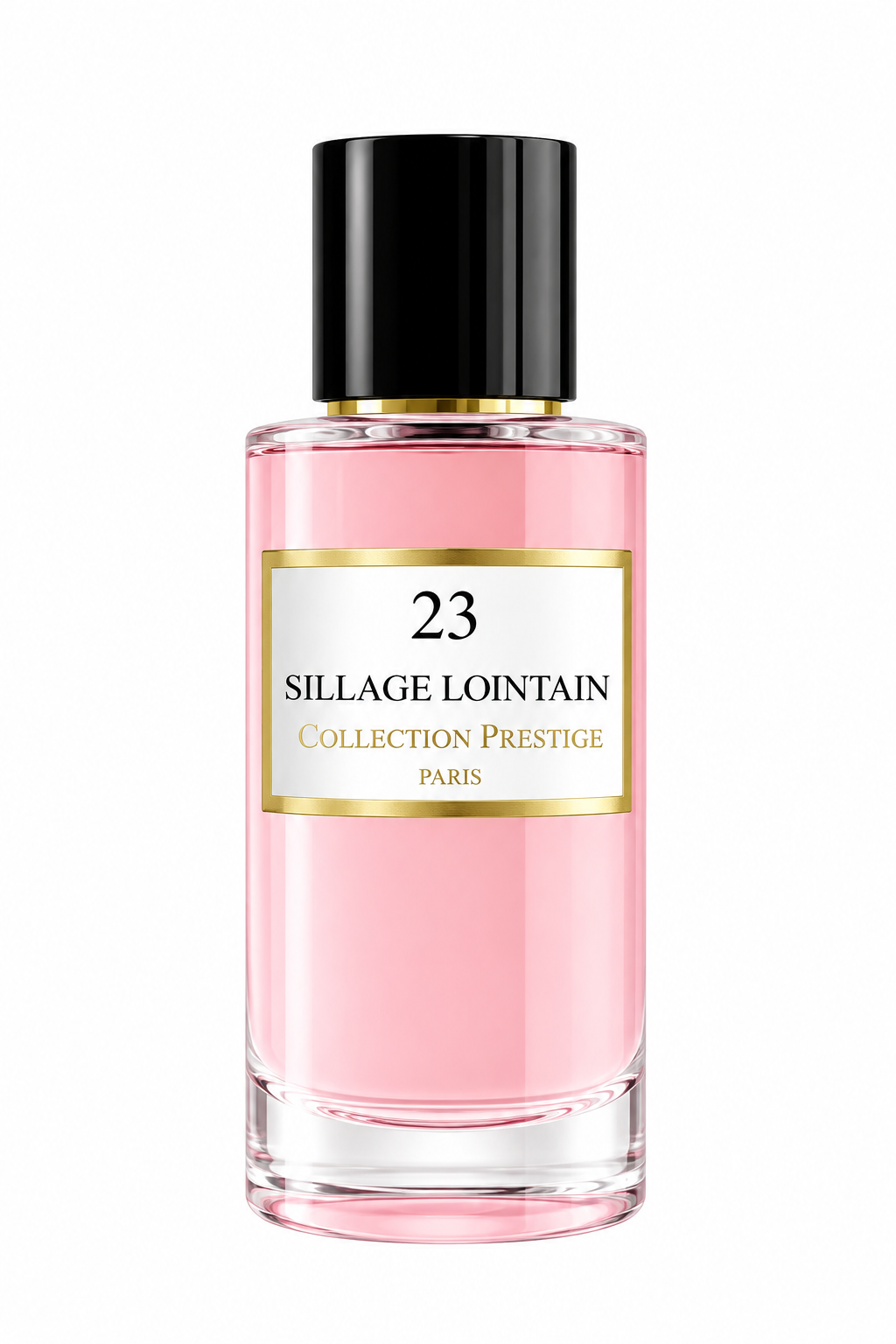 Collection Prestige Sillage Lointain No.23 50ml Extrait de Parfum presented in an elegant cylindrical bottle with soft pink fragrance, glossy black cap and refined white-and-gold label, photographed against a pure white background.