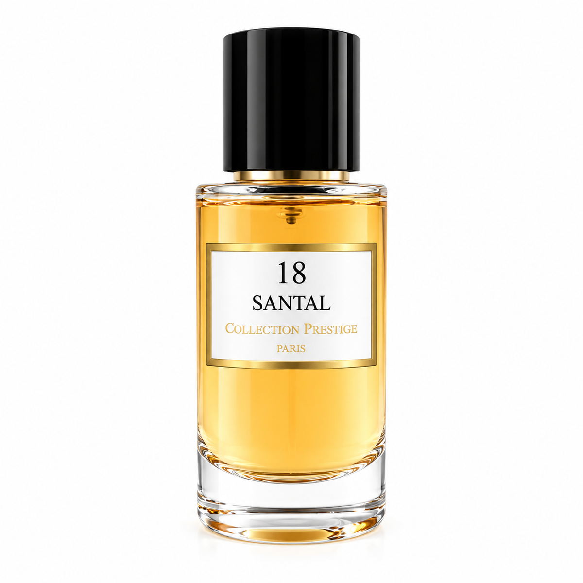 Collection Prestige Santal No.18 50ml Extrait de Parfum presented in an elegant cylindrical glass bottle with warm golden fragrance, glossy black cap, subtle gold detailing and a refined white-and-gold label, photographed against a pure white background.