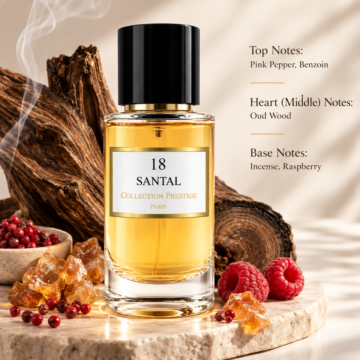 Collection Prestige Santal No.18 50ml displayed in a warm, sophisticated woody composition with pink pepper, benzoin, oud wood, incense and raspberry elements, reflecting its rich woody, resinous, smoky and subtly fruity character.