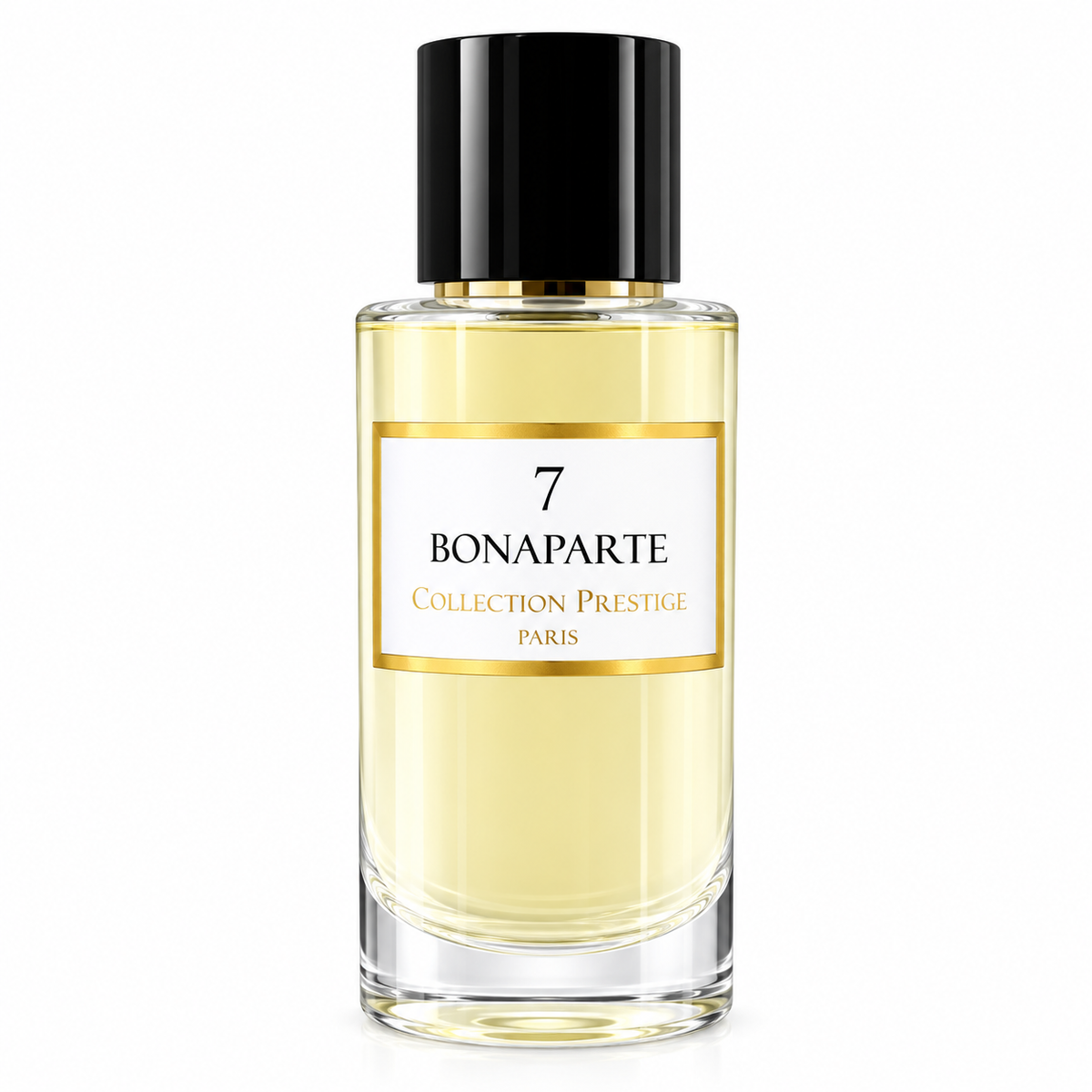 Collection Prestige Bonaparte No.7 50ml Extrait de Parfum presented in a refined clear glass bottle with pale golden fragrance, glossy black cap, elegant gold accents and a minimalist white-and-gold label, photographed against a pure white background.