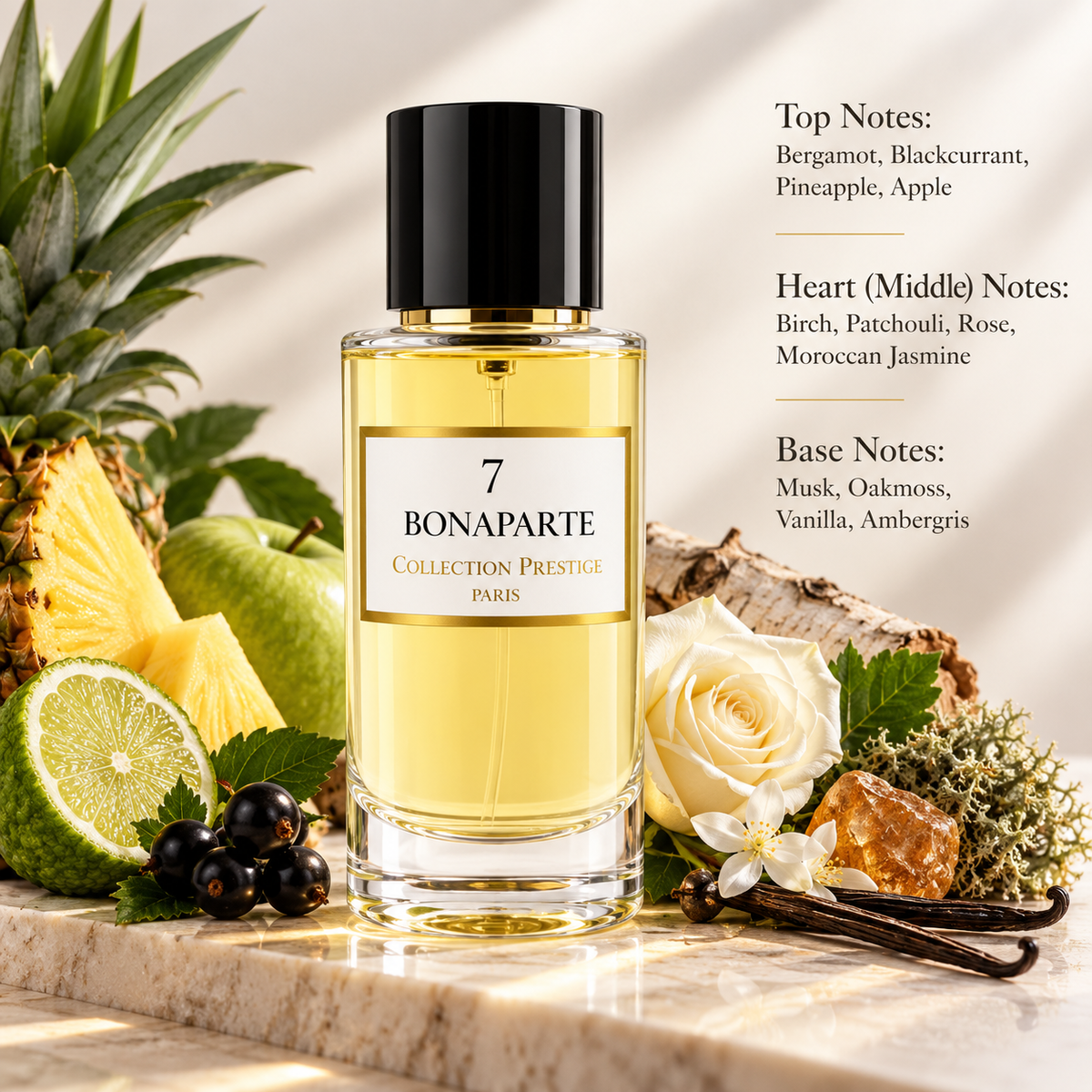 Collection Prestige Bonaparte No.7 50ml displayed in an elegant fruity, woody and aromatic composition with bergamot, blackcurrant, pineapple, apple, birch, patchouli, rose, Moroccan jasmine, musk, oakmoss, vanilla and ambergris, reflecting its fresh, sophisticated and masculine character.