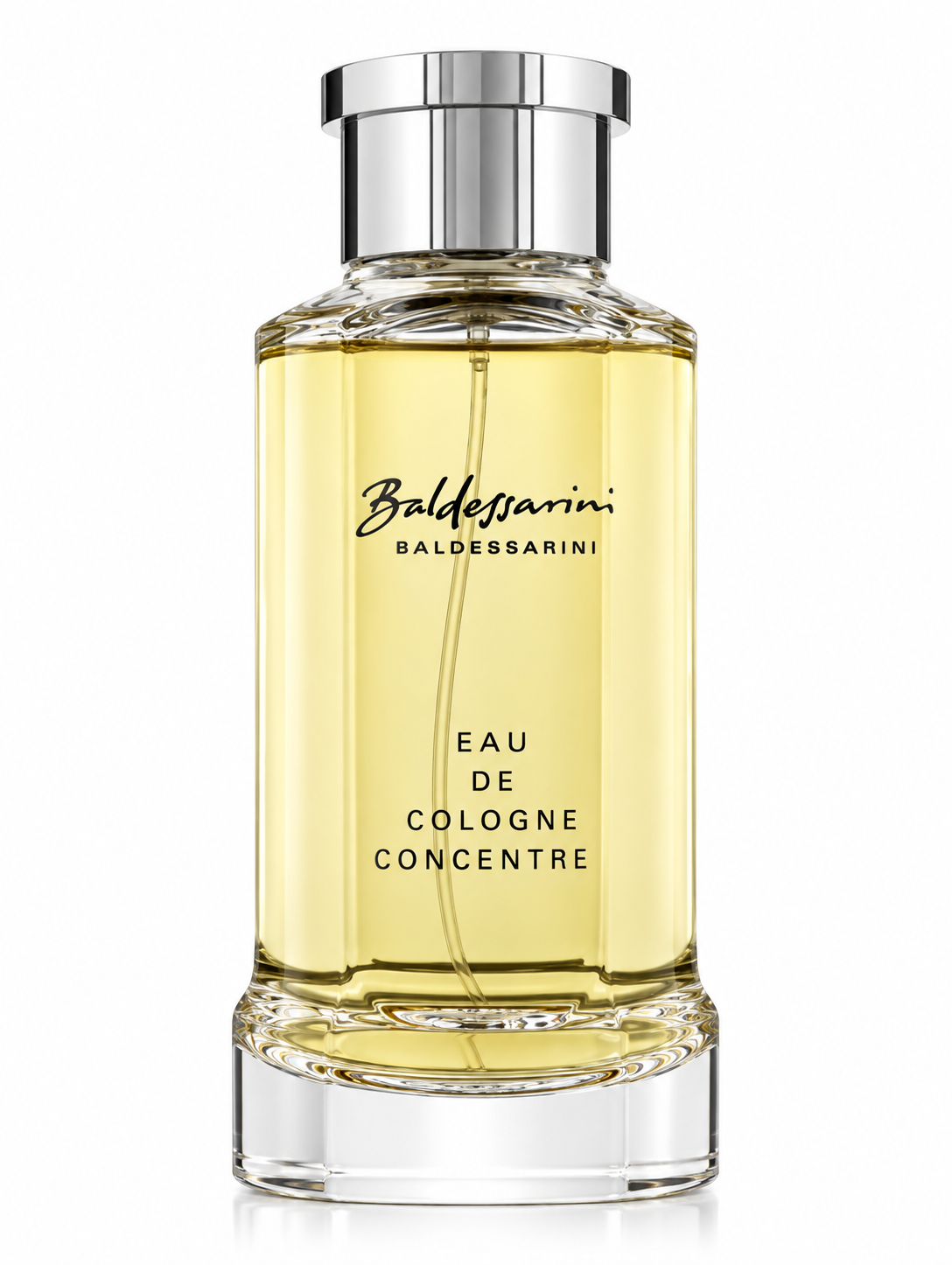 Baldessarini Eau de Cologne Concentrée men’s fragrance in a clear glass bottle with warm golden liquid and polished silver cap, presented on a clean white background with minimalist Baldessarini branding.