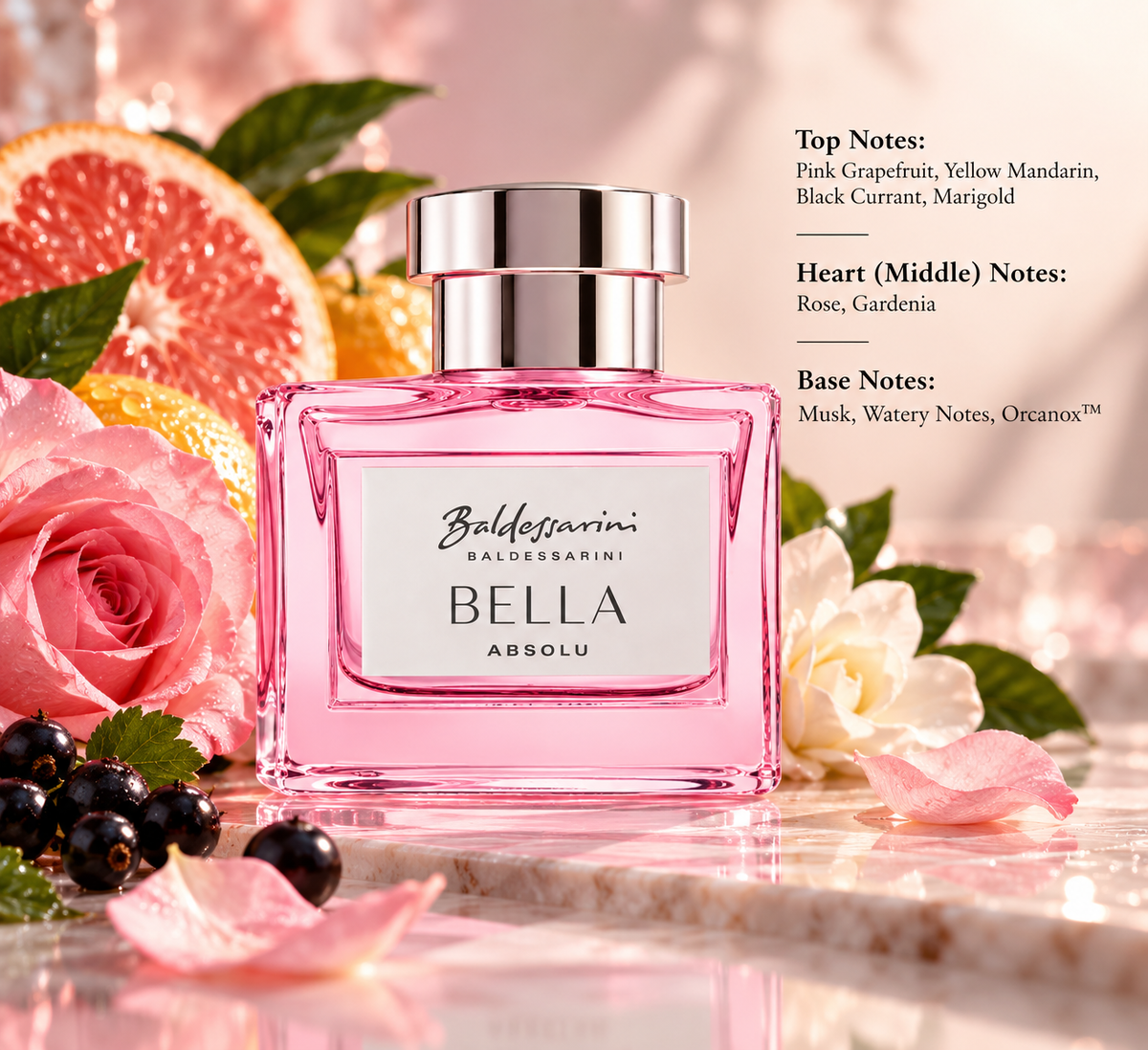 Baldessarini Bella Absolu perfume bottle in an elegant pink setting with grapefruit, mandarin, black currant, rose and gardenia, reflecting its bright fruity-floral character with soft musk and watery notes.