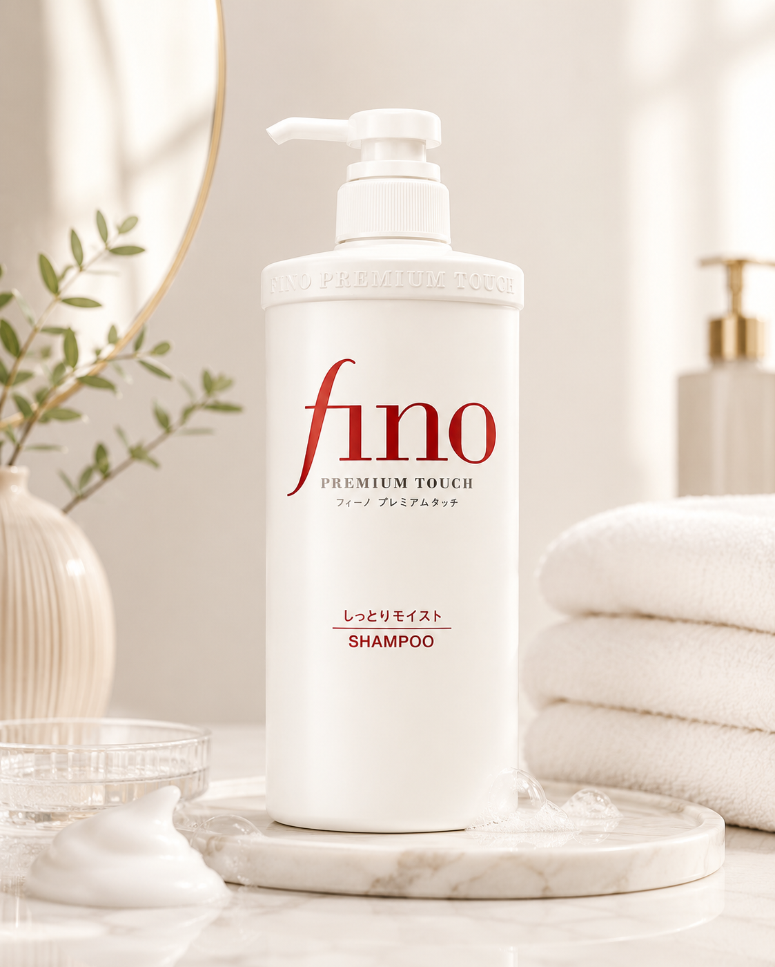 Fino Premium Touch Shampoo displayed on a marble tray in a bright spa-inspired bathroom setting with soft towels, decorative greenery, and gentle foam accents. The luxurious Japanese shampoo is formulated to deeply cleanse while restoring moisture, helping improve softness, smoothness, and manageability for dry or damaged hair, creating a salon-quality hair care experience at home.
