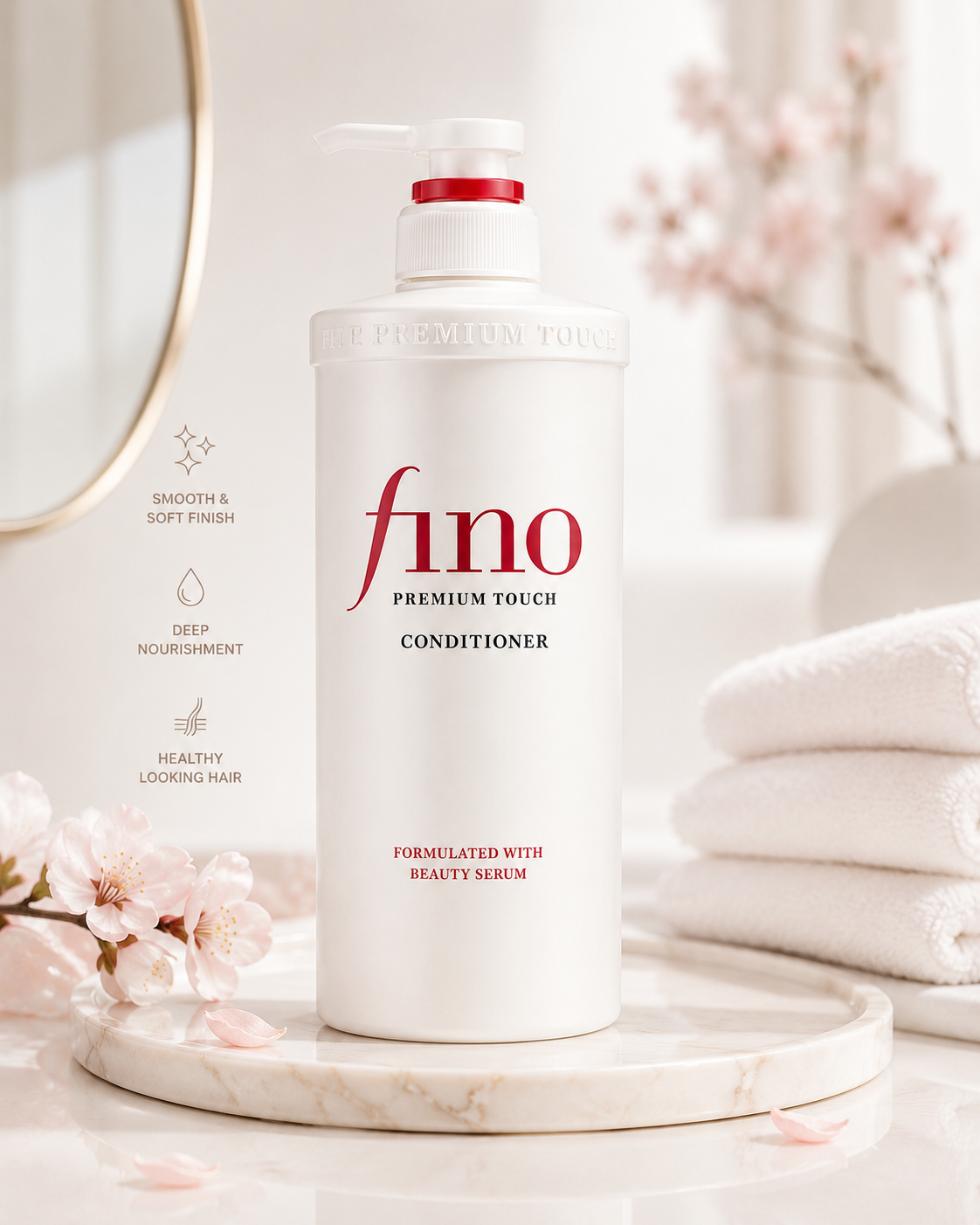Shiseido Fino Premium Touch Conditioner beautifully displayed on a marble tray in a bright spa-inspired setting with cherry blossoms and folded white towels. The premium Japanese hair conditioner is formulated with Beauty Serum to provide deep nourishment, a smooth and soft finish, and healthier-looking hair, making it an ideal daily treatment for dry, damaged, or chemically treated hair.