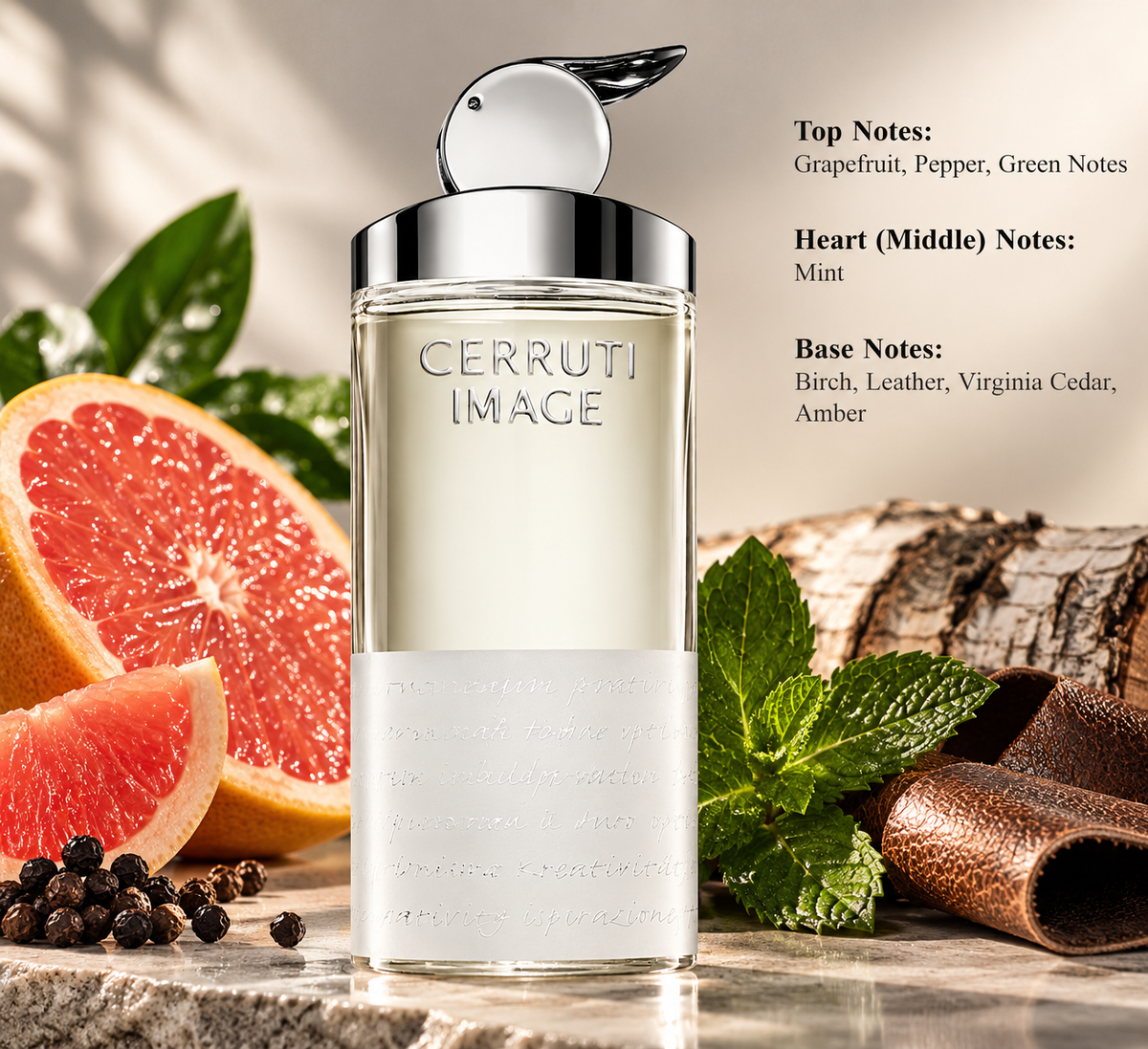 Cerruti Image Eau de Toilette for men surrounded by fresh grapefruit, black pepper, green mint leaves, birchwood and leather. A sophisticated woody aromatic fragrance with Virginia cedar and amber, presented in an elegant, warm-toned luxury setting.