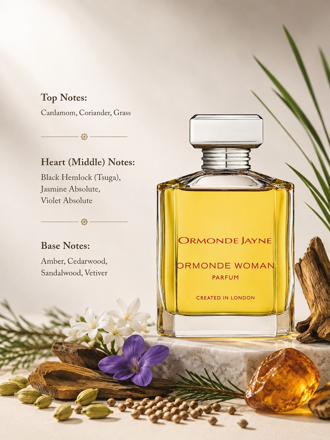Ormonde Jayne Ormonde Woman Parfum showcased in an elegant luxury fragrance composition featuring cardamom, coriander, fresh grass, black hemlock, jasmine absolute, violet absolute, amber, cedarwood, sandalwood, and vetiver-inspired elements. The sophisticated clear glass bottle filled with golden fragrance is presented in a refined setting that highlights its aromatic, woody, floral, and warm amber character.