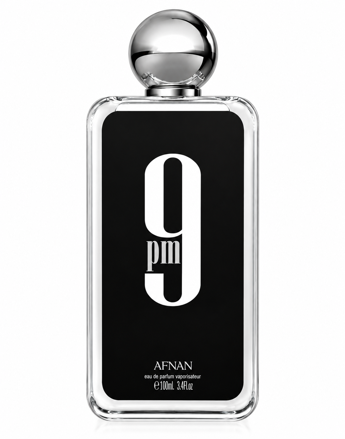 Afnan 9PM Eau de Parfum 100ml, featuring its sleek clear glass bottle, bold black front panel and polished silver spherical cap, isolated on a clean white background.