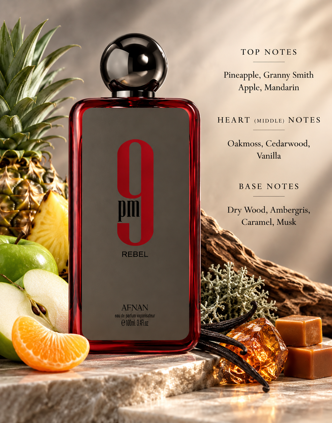 Afnan 9PM Rebel presented in a warm, sophisticated setting with pineapple, green apple, mandarin, oakmoss, cedarwood, vanilla, amber and caramel elements, visually highlighting its fruity, woody and sweet fragrance profile alongside the Top, Heart and Base Notes.