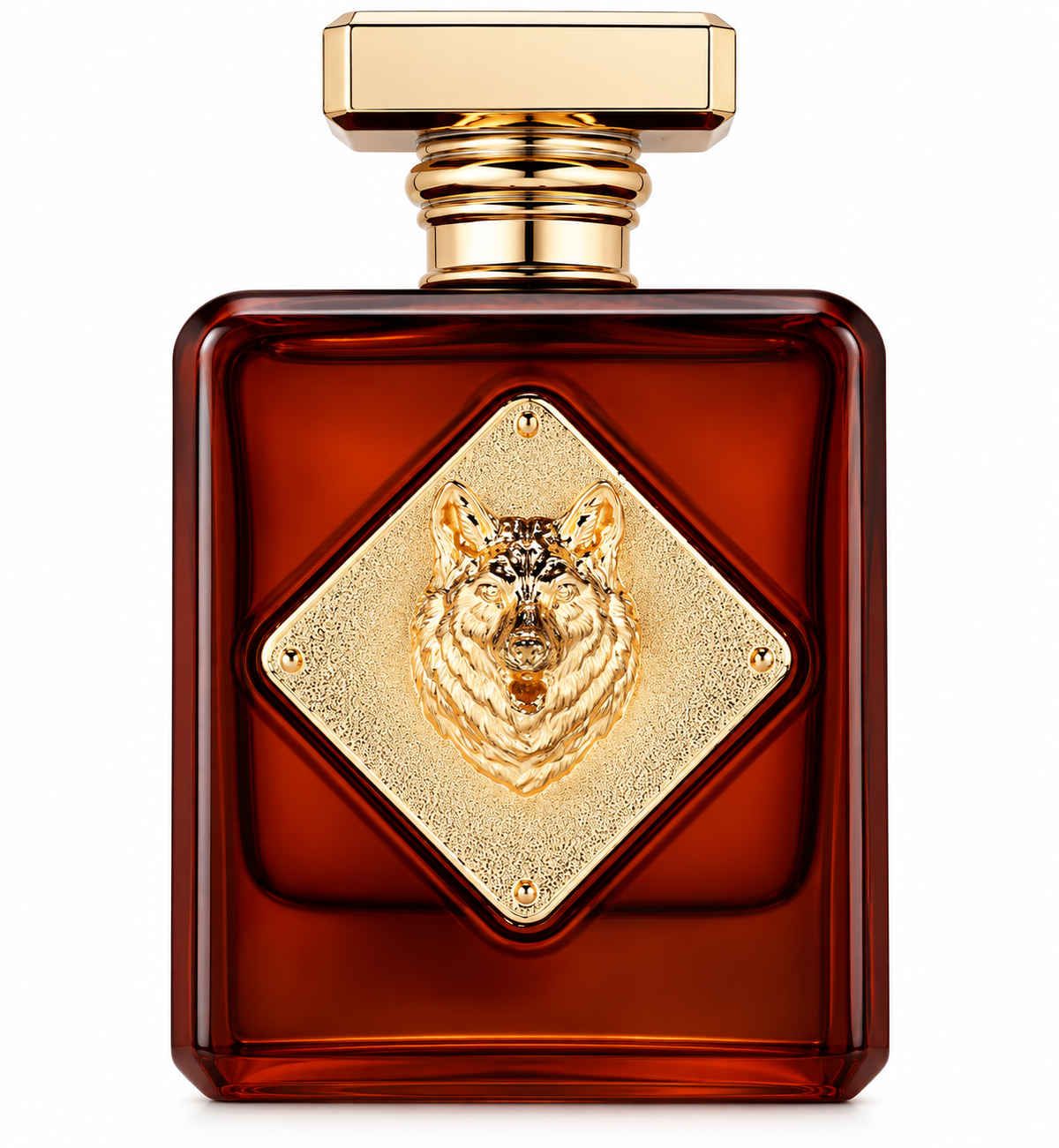 Luxury amber-red perfume bottle with a rectangular gold cap and ornate gold wolf emblem on the front, presented against a clean white background with rich, elegant detailing.