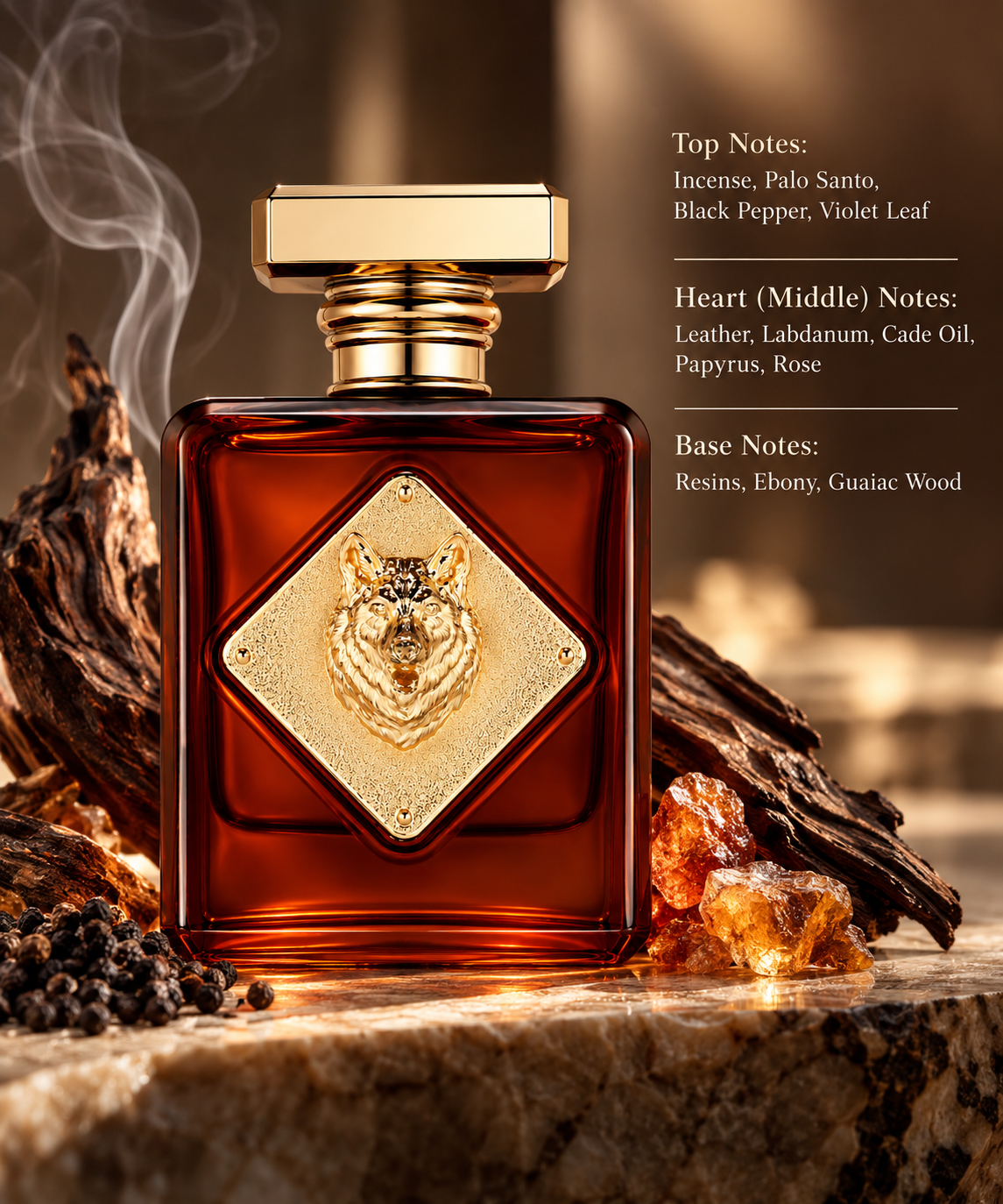 Amber-red perfume bottle with gold wolf emblem in a warm smoky composition with incense, dark woods, black pepper and glowing resins, reflecting its intense leathery, woody, smoky and balsamic fragrance profile.