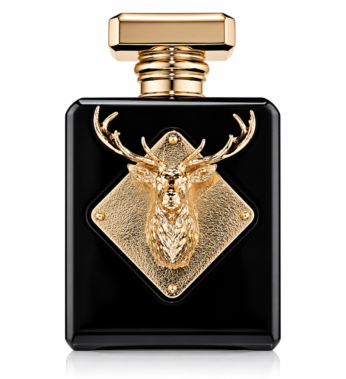 Fragrance World Imperial 100ml EDP, featuring its glossy black rectangular bottle with luxurious gold detailing, sculpted stag emblem and polished gold cap, isolated on a clean white background.