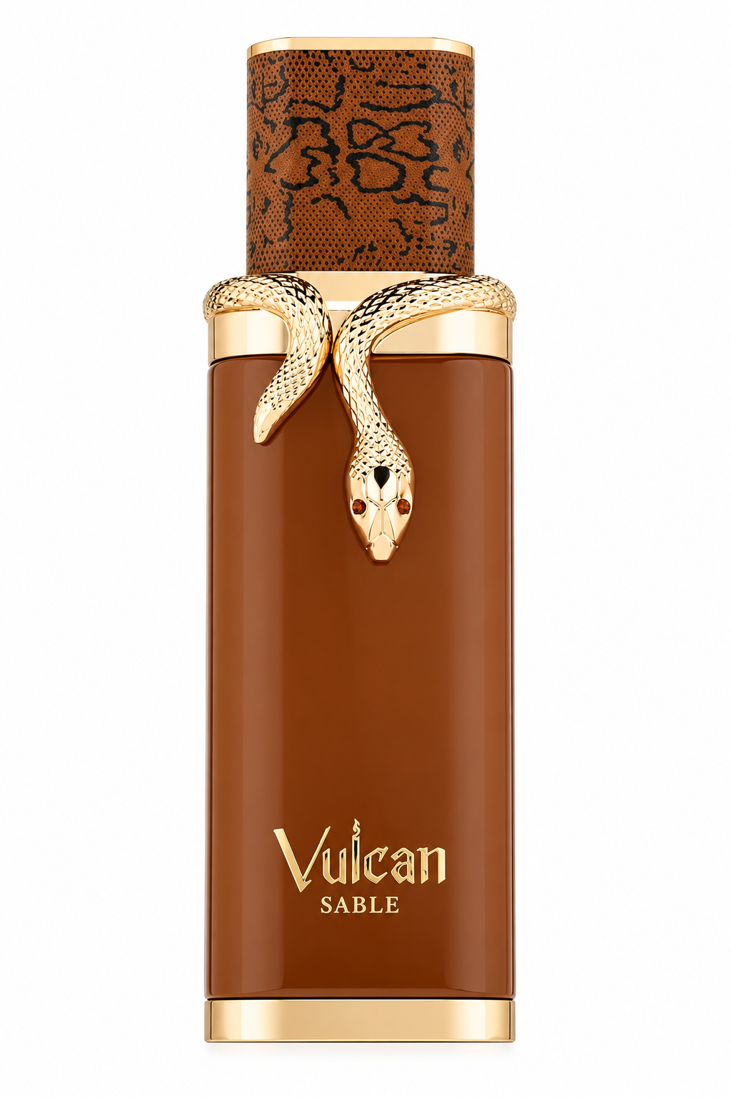 French Avenue Vulcan Sable 100ml EDP, featuring a rich amber-brown bottle with polished gold detailing, a textured animal-print cap and an intricate golden snake ornament, presented against a clean white background.