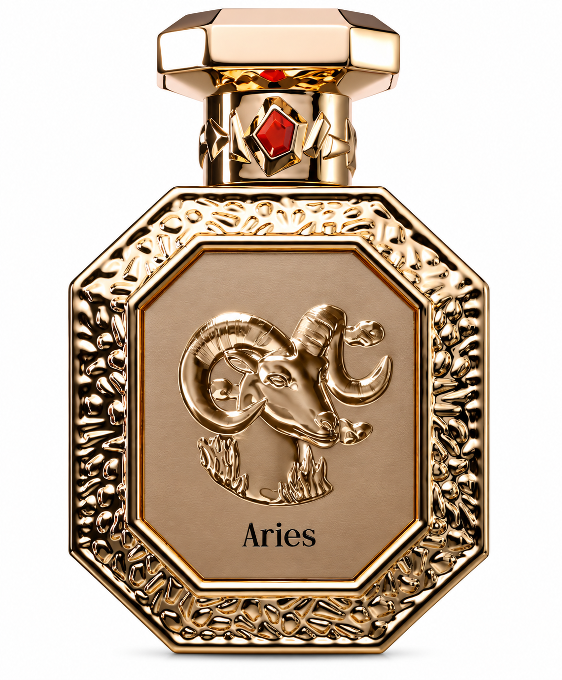 Aries perfume in an ornate gold octagonal bottle featuring an embossed ram emblem, warm beige center panel, red jewel detail and luxurious metallic finish on a white background.