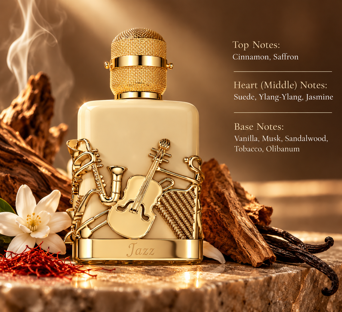 Luxury Jazz perfume bottle in cream and gold, styled in a warm atmospheric setting with saffron, white florals, vanilla and rich woods, reflecting its spicy, floral, creamy and woody fragrance profile.