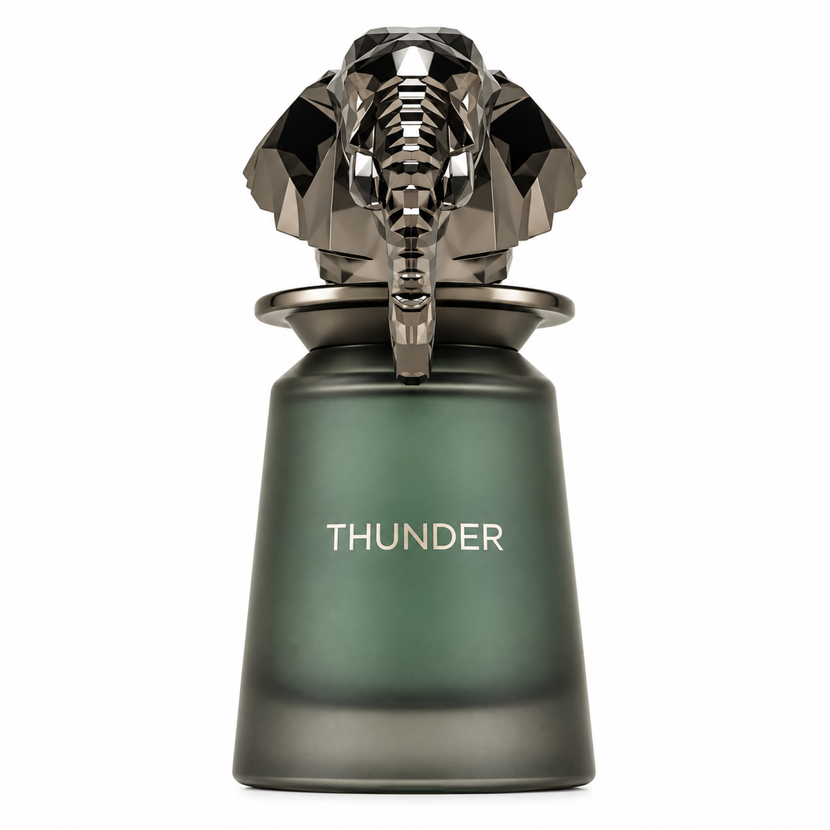 French Avenue Thunder 100ml EDP, featuring a sophisticated matte smoky-green bottle crowned with a dramatic faceted metallic elephant-head cap, presented cleanly against a pristine white background.