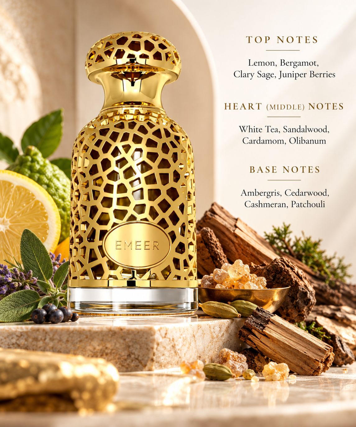 Lattafa Emeer presented in a luxurious warm woody-citrus setting. Lemon, bergamot, clary sage and juniper berries create a fresh aromatic opening, followed by white tea, sandalwood, cardamom and olibanum, while ambergris, cedarwood, cashmeran and patchouli form a rich, sophisticated woody base.