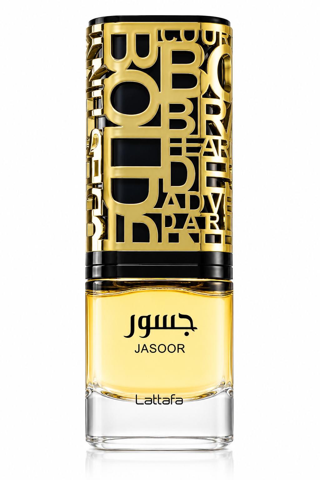 Lattafa Jasoor 100ml presented in a striking transparent glass bottle with warm golden fragrance, an elaborate black and metallic gold cap featuring bold typographic detailing, photographed against a clean white background.