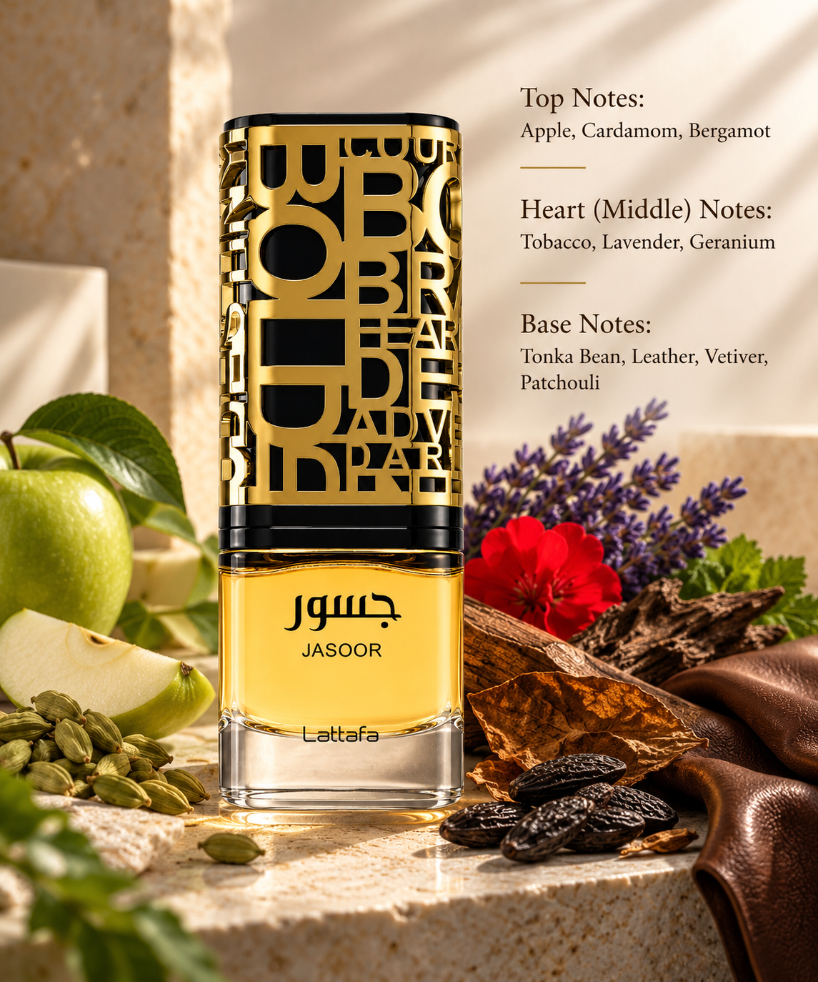 Lattafa Jasoor 100ml displayed in a warm, elegant fragrance composition with green apple, cardamom, lavender, geranium, tobacco leaves, tonka bean, leather and rich woods, reflecting its aromatic, spicy and sophisticated character.